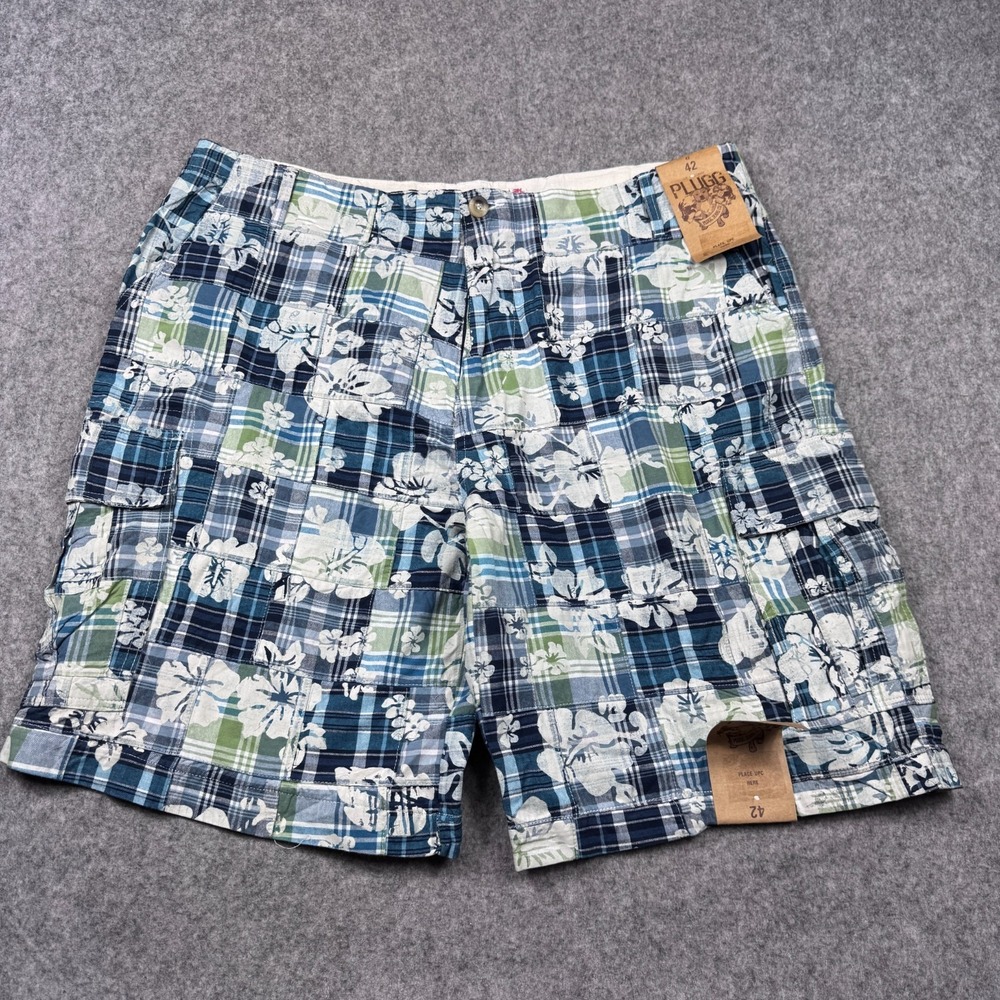 Plugg Cargo Shorts Mens‎ 42 Blue Patchwork Hawaiian Floral NEW